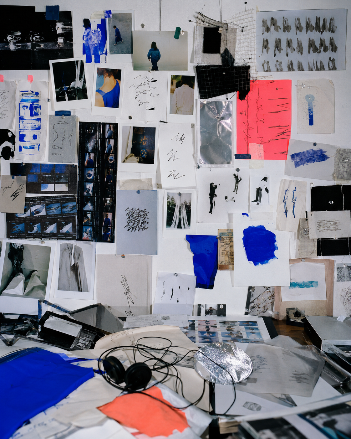 Kuratierte Research-Wand mit Fotografien, Skizzen und Materialien